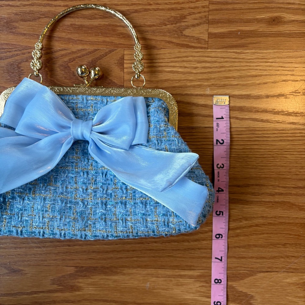 Blue Tweed Purse w/ Bow Gold Handle Chain Crossbody Bag Preppy Retro 60s Classic - Picture 6 of 8